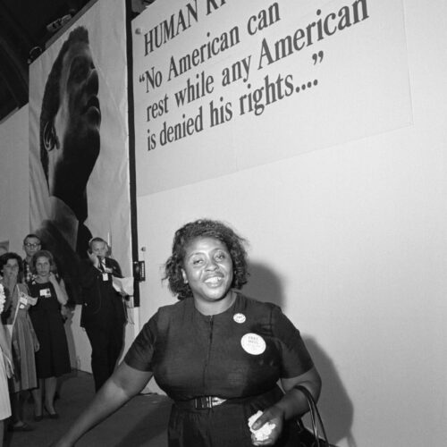 Fannie Lou Hamer standing in front of sign that reads “Human Rights, no American can rest while any American is denied his rights...” She is wearing a black dress with two buttons on her right side, a belt around her waist, and a purse on her left arm. She is holding a white paper or napkin in her hand, and her other hand rests on the back of a chair. Several women are standing in the background.