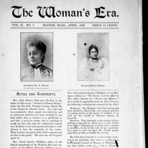 A picture of a magazine or journal titled The Woman’s Era with volume and date listed. There are two small black and white photos of Josephine Sr. P Ruffin and Florida Ruffin Ridley with notes and comments underneath the photos. Joesphine is looking off to the side with her hair in an “updo” style. She is wearing a white top with a gray jacket covering it. The white top is button to the top with a pendant. Florida is forward facing and is wearing what appears to be a white formal dress