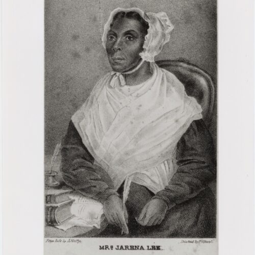 Two side-by-side pages of Jarena Lee’s title page that features a sketched portrait and the book publication details. In the portrait, Jarena Lee is seated in a chair at a desk with a feathered quill and ink is stacked on two books. Jarena is wearing a bonnet that ties beneath her face and the front of her hair can be seen. A white shawl covers her shoulders on top of a black dress, as she holds a feather quill in her hand. Beneath the photo reads, “Mrs. Jarena Lee Preacher of the A.M.E Church. Aged 60 years on the 18th day of the 2nd month 1844. Philand 1844.” The next page of all text reads, “Religious Experience and Journal of Mrs. Jarena Lee, Giving An Account of Her Call to Preach the Gospel, Revised and corrected from the original manuscript, written by herself. Philadelphia: Printed and Published for the Author 1849.”