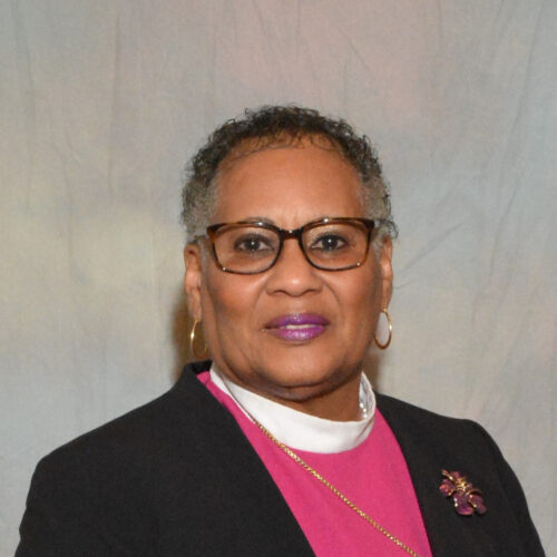 The picture of Bishop Teresa Elaine Snorton is forward facing from mid-chest up. Her hair is cut low with a tint of grey on the sides. She is wearing medium sized hoop earrings and dark brown rimmed glasses. She is dressed in a white priest collar with a maroon-colored blouse underneath a black covering. There is a flower pendant on the black jacket. The background is a white marble wall.