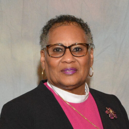 The picture of Bishop Teresa Elaine Snorton is forward facing from mid-chest up. Her hair is cut low with a tint of grey on the sides. She is wearing medium sized hoop earrings and dark brown rimmed glasses. She is dressed in a white priest collar with a maroon-colored blouse underneath a black covering. There is a flower pendant on the black jacket. The background is a white marble wall.