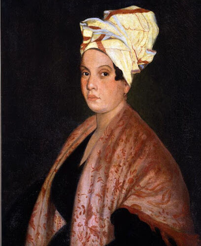Painted portrait of a black woman wearing a black dress, light pink and red print shawl over her shoulders, and white head wrap with red trim.