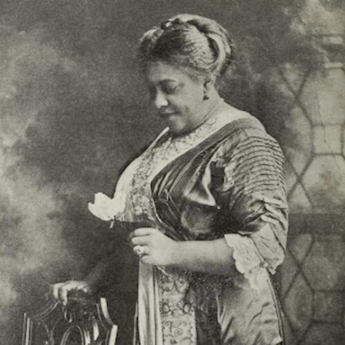 Mary Talbert, standing with one hand on a chair, a flower in the other hand, wearing a fancy dress with a necklace and earrings and hair up. She is looking down at the flower. The photo is in black and white.