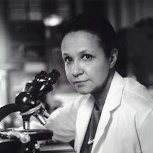 Dr. Jane Cook Wright sitting in front of a microscope. Her hair is pulled back. She is wearing a white jacket with a darker shirt and a pearl necklace. The photo is in black and white.
