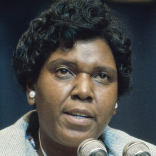 Barbara Jordan speaking in front of two microphones, with short curly hair, pearl earrings, and a light blue and white tweed jacket.