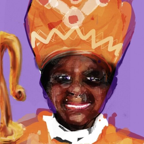 painting of Ellinah Ntfombi Wamukoya smiling, holding a crosier (staff), wearing an orange and white bishop’s mitre (headdress), and an orange bishop’s robe with a white collar. The artwork has a purple background.